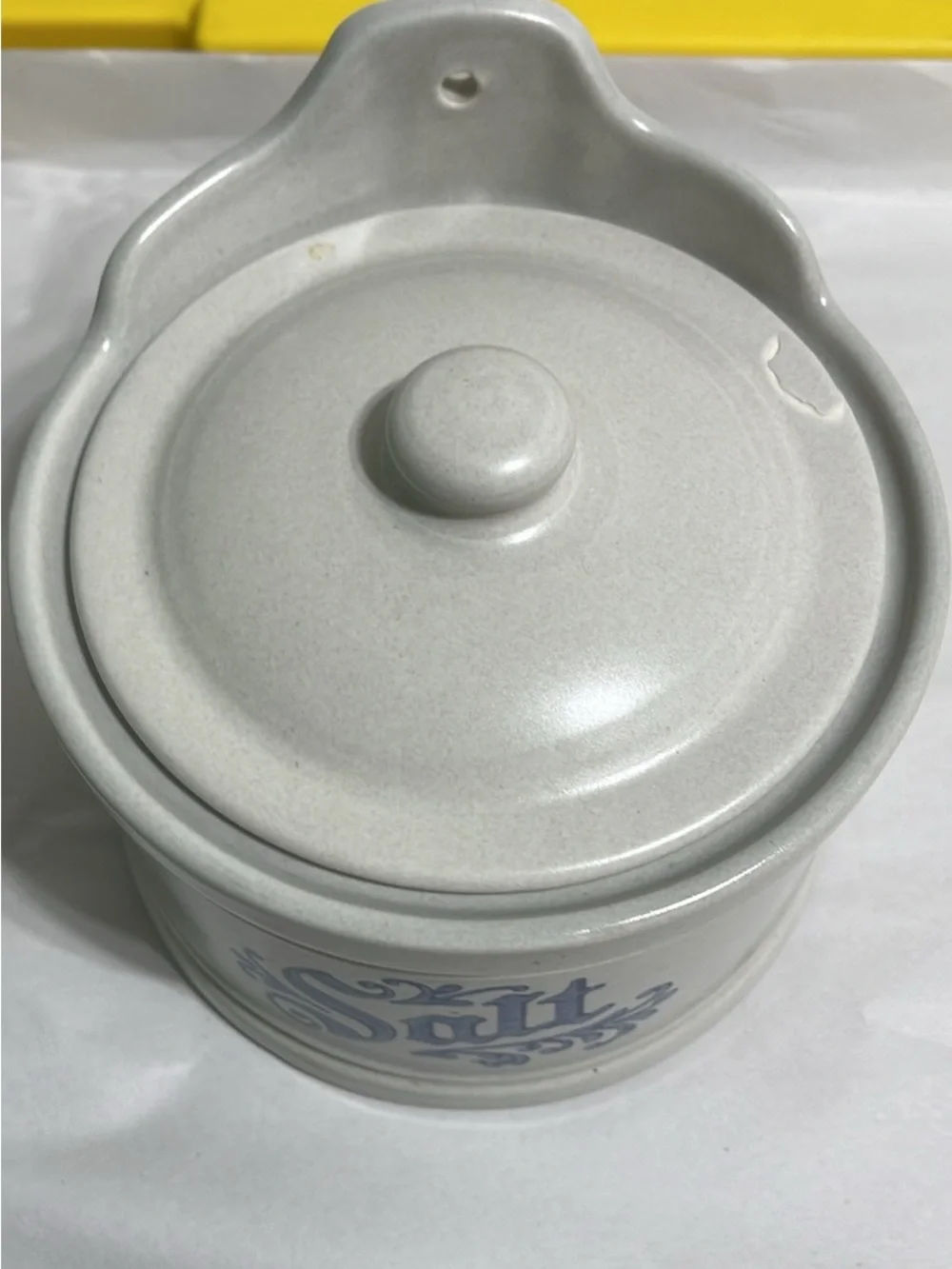 Vintage Ceramic Salt Jar with Lid - White with Blue Lettering Chipped Glued